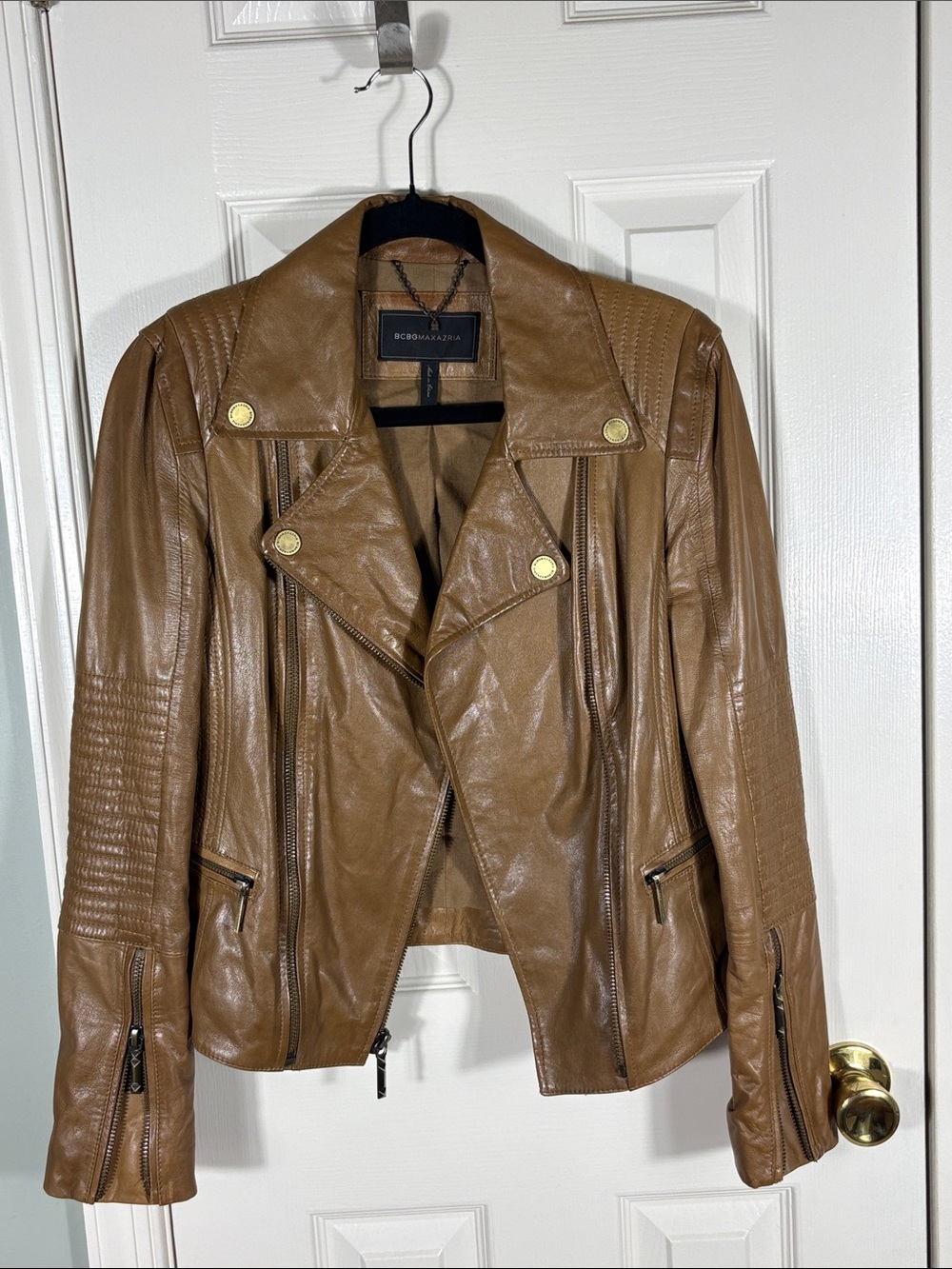BCBGMaxAzria Cognac Leather Moto Jacket with Gold Hardware